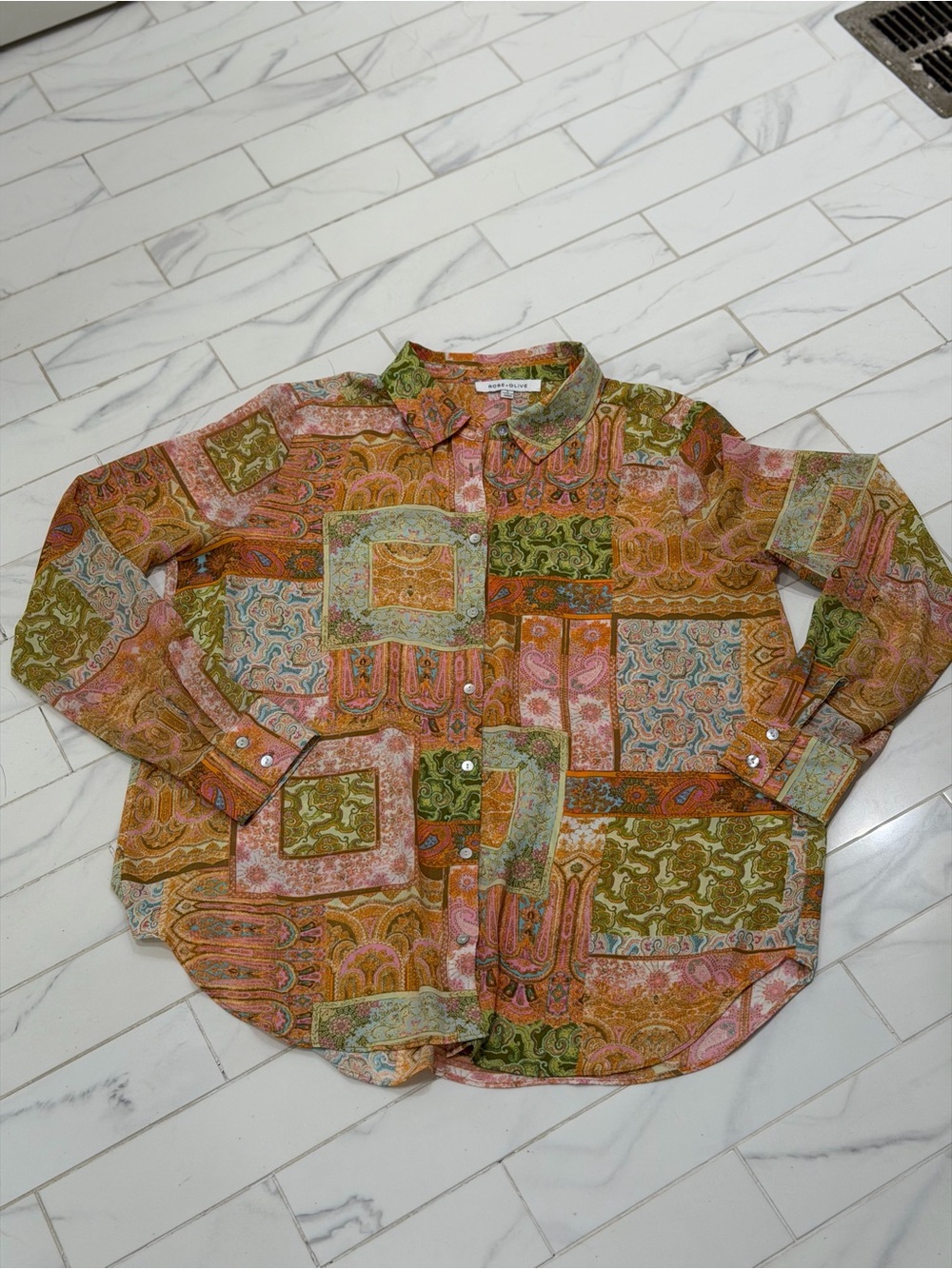 Rose + Olive Patchwork Paisley Button Down Blouse Size L Boho Multicolor - Picture 7 of 10